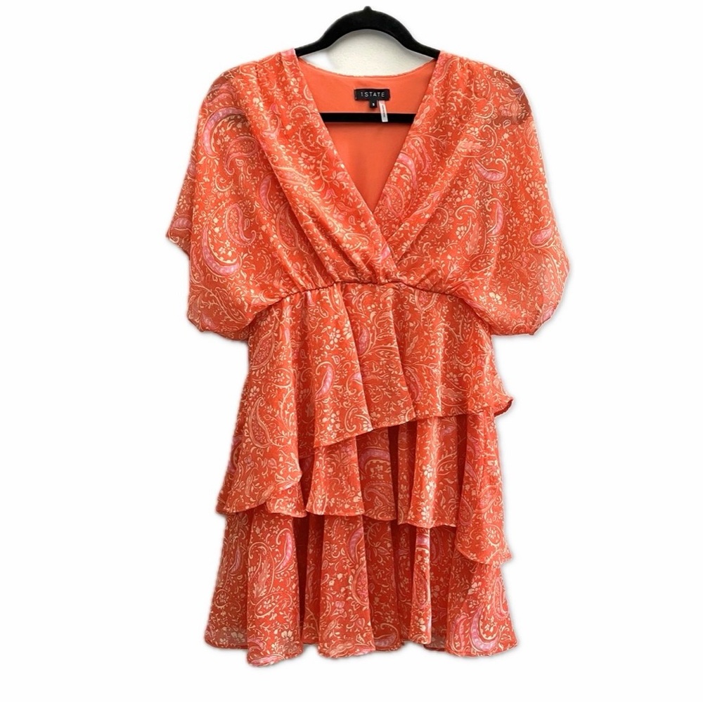 1. STATE Ruffle Mini Dress Short Sleeve Lined V-neck Orange Women’s Size S